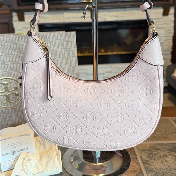 Tory Burch T Monogram Leather Crescent Bag - Blush - Picture 2 of 11